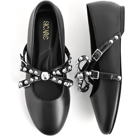 SICARE Mary Jane Black Flats Ballet Flats Shoes Pearl Embellished Bow Loafer - Picture 8 of 10